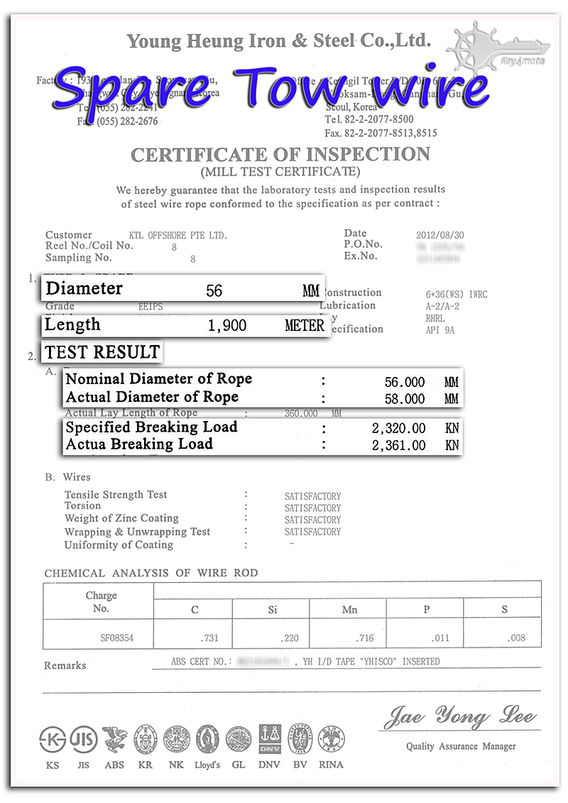 Spare Tow wire certificate